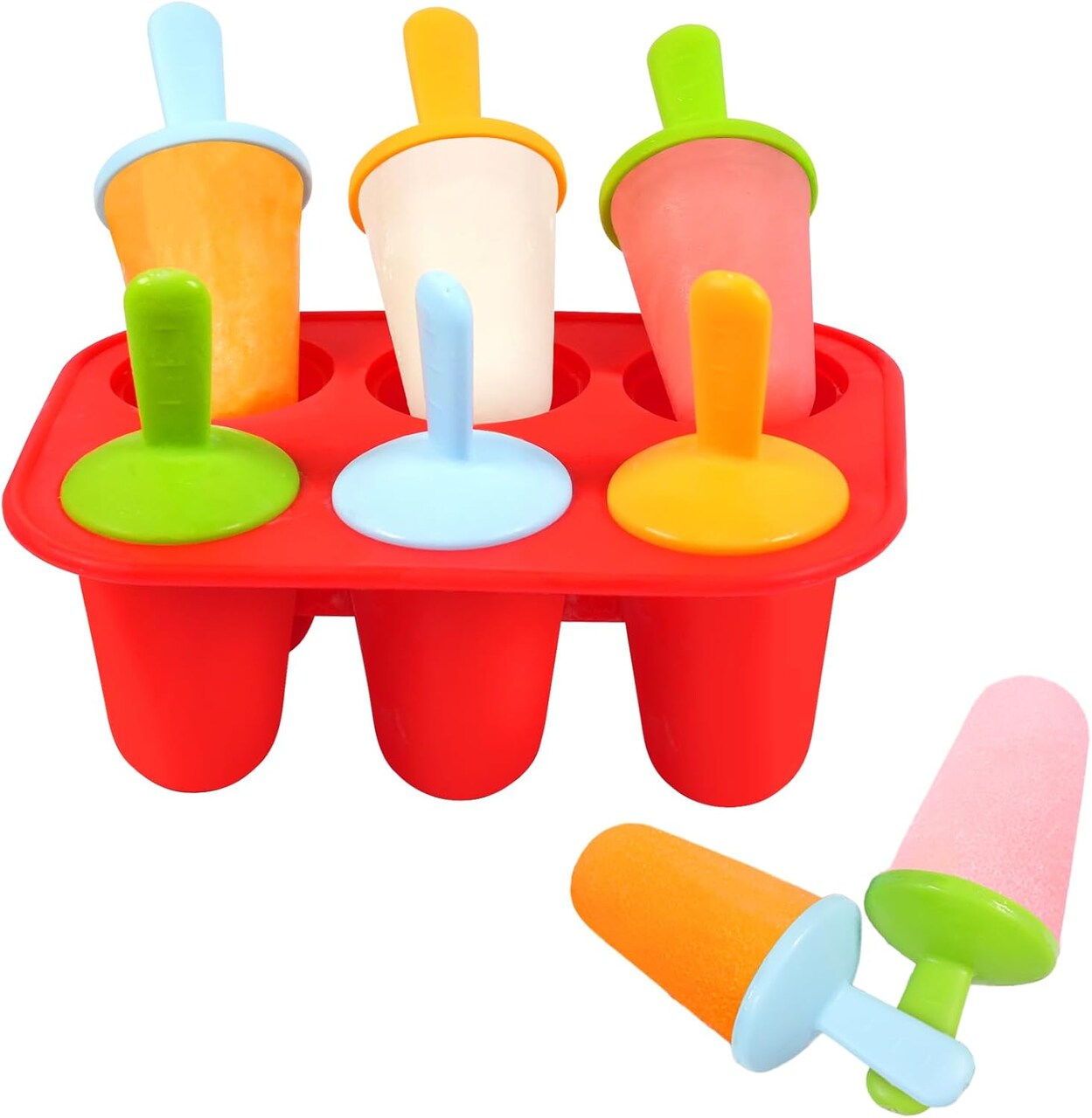 Silicone Popsicle Molds for Toddlers – 6-Cavity BPA-Free Ice Pop Molds with 6 Colorful Reusable Sticks for Kids (Red)